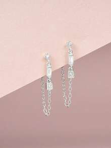 EleRunis 1对925纯银不对称耳钉，18K镀金双链流苏耳环，适合女性日常佩戴、婚礼、派对、订婚、周年纪念、情人节及其他场合。 - 銀色 - 查看 5