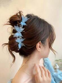 1pc Elegant Pearl & Rhinestone Butterfly Large Hair Claw Clip, Sweet & Cute Hair Accessory, Suitable For Casual, Outing, Party Matching, Pink Fashion Hair Clutch