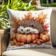 1pc Autumn Hedgehog Sleeping On Pumpkin Decorative Pillow Cover, Single-Sided Printed Peach Velvet, 45*45CM/18*18inch, Suitable For Room Decor, Modern Minimalist Sofa Living Room Decor Gift