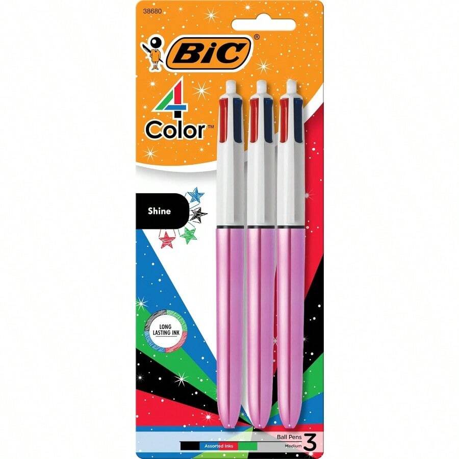 4 Color Shine Retractable Ballpoint Pen With 1.0 Mm Point And Wide Barrel 3Count In Assorted Ink - 粉色 - 查看 1