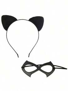 1pc Mask And 1pc Cat Ear Headband, Mask, Halloween Costume Party Accessories, Costume, Women's Costume, Adult Black Cat Costume, Halloween Party - Multicolor - View 10