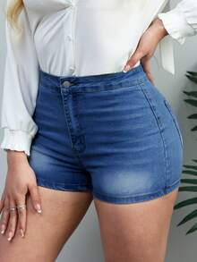 Dark Wash Stretch Denim Shorts With Cuffed Hem For Comfortable Summer Parties And Daily Wear - Biru tua 0002 - View 6