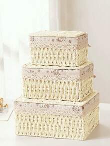 Bộ 3 giỏ (S+M+L) có nắp và không nắp, 1 giỏ đan kiểu Bohemian để bàn, thích hợp đựng chìa khóa và các vật dụng nhỏ, bộ giỏ đựng đồ để bàn cà phê, có thể đựng mỹ phẩm, chìa khóa, đồ ăn nhẹ, phòng khách, tiền sảnh, nhà cửa, hộp đan, giỏ đựng đồ trang trí, hộp đựng quà tặng trang trí ngày lễ, giỏ đựng đồ tái sử dụng, thích hợp đựng văn phòng phẩm, tủ quần áo, đồ chơi, mỹ phẩm, giỏ đựng đồ để bàn, giỏ quà tặng lý tưởng. - Màu be - Xem 5