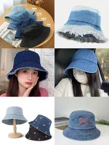 渔夫帽，春夏同款蝴蝶刺绣遮阳牛仔渔夫帽，磨边牛仔帽，纯色牛仔帽，牛仔帽，牛仔渔夫帽，韩版复古渐变色渔夫帽 - 牛仔蝴蝶結漁夫帽 - 查看 1