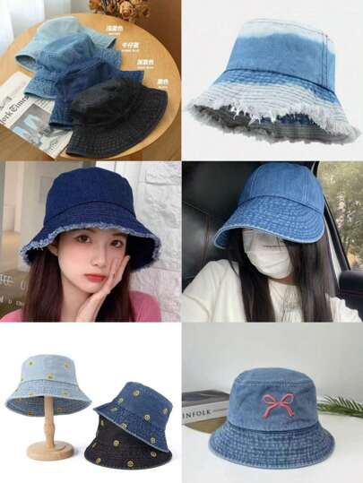 Chapéu Bucket, Chapéu Bucket de Jeans Bordado de Borboleta Combinando Primavera/Verão com Proteção Solar, Chapéu de Jeans Desfiado, Chapéu de Jeans Simples, Chapéu de Jeans, Chapéu Bucket de Jeans, Chapéu Bucket Coreano Retro Ombré