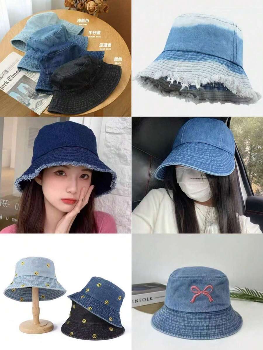 渔夫帽，春夏同款蝴蝶刺绣遮阳牛仔渔夫帽，磨边牛仔帽，纯色牛仔帽，牛仔帽，牛仔渔夫帽，韩版复古渐变色渔夫帽 - 牛仔蝴蝶結漁夫帽 - 查看 1