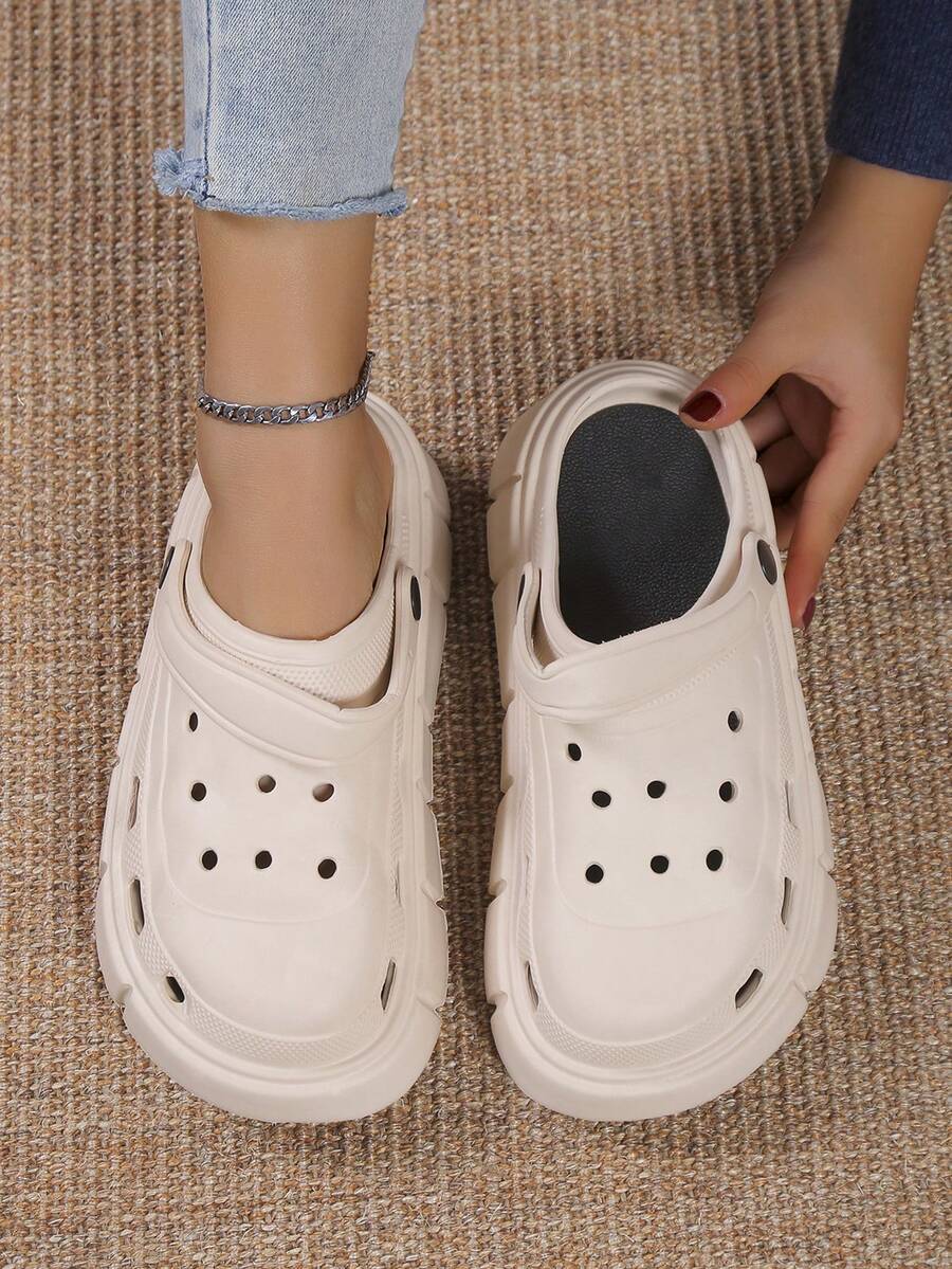 Women's Basic Hollow Out Thick Sole Slip-On Shoes, Suitable For Commuting, Office, Party, Beach - Khaki - View 1