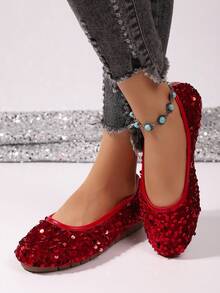 女士休闲平底亮片鞋，圆头一脚蹬平底鞋，适合日常穿着、宴会和派对 - 紅色 - 查看 5