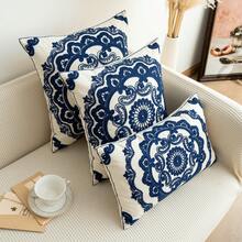 1 件花卉刺绣靠垫套（无填充物），现代帆布装饰抱枕套，适用于客厅、家居装饰 - 藏蓝色 - 查看 6