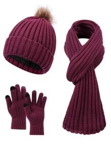 Set de 3 piezas de mujer con gorro de punto de rayas verticales de unicolor, bufanda y guantes, cálido y acogedor para uso casual al aire libre en otoño/invierno, accesorios de invierno, atuendos de invierno