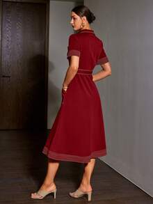 Sollinarry Vestido casual de manga corta con cuello de contraste, botones delanteros, bolsillos y cinturón, con estilo retro, para Navidad