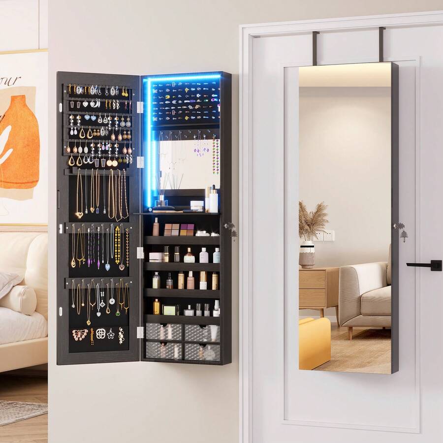 Vlsrka 47.2 Inch Full Length Mirror With Storage, Wall Mount Mirror Jewelry Cabinet, Over The Door Hanging Jewelry Armoire Organizer, Built-In Light, 4 Drawers, 5 Shelves, Lockable - màu đen - Xem 1
