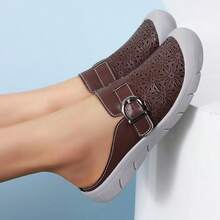 Women's Hollow-Out Buckle Flat Sandals, Casual Solid Color Slip-On House Shoes