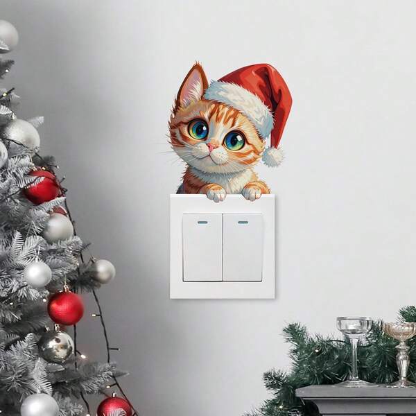 Samoprzylepna dekoracyjna naklejka na przełącznik, uroczy świąteczny wzór z kotem, wodoodporna do sypialni, salonu, dekoracja ścienna, transgraniczna
