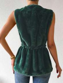Chaleco de peluche para mujer con cierre de perla y cinturón ajustable , estilo elegante y acolchado de invierno - Verde - Ver 3