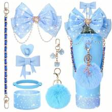 Accesorios con brillo para taza de 30oz, 40oz, 20oz con asa, incluye: tapa decorativa con lazo y pajita, pajita con lazo decorativo, correa de manija de botella de agua, funda de silicona para taza, cadena con dije, regalo ideal para el Día de San Valentín, Día de la Madre, útiles escolares