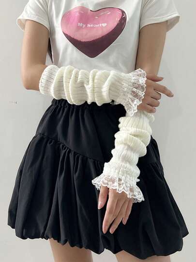 1 Pair Women Lace Arm Warmers, 1 Pair Black Knitted Gloves, Princess Style Arm Warmers, Sweet Girl Arm Warmers, Suitable For Dates, Daily Use, Valentine's Day, Back To School