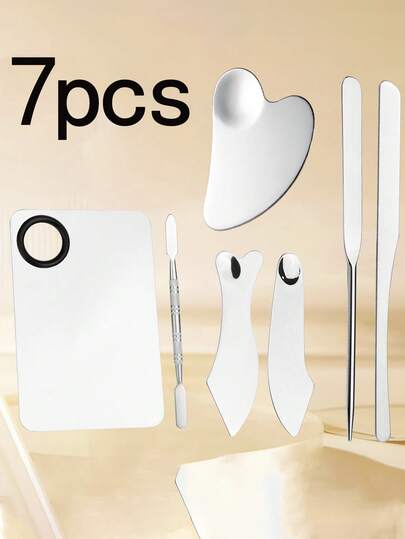 Juego de 7 piezas de herramientas para maquillaje de base, paleta de colores de base líquida, barra mezcladora de doble cabeza, pala para maquillaje de base, raspador facial de acero inoxidable, raspador de mascarilla facial, tabla de masaje facial, herramientas de belleza para el maquillaje, regalos para el cuidado de la piel