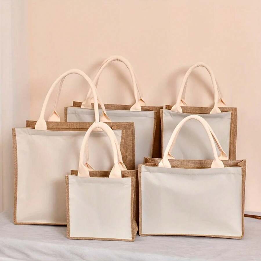 Bolsas de lona para pintura DIY en blanco, bolsas de lino sintético con cremallera, color sólido, gran capacidad, bolsas de compras para damas - Beis - Ver 1