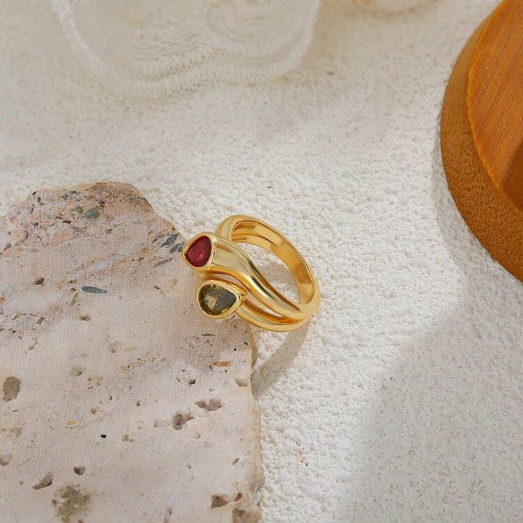 1pc 18K Gold Plated Copper Colorful Zirconia Leaf Design Ring, Vintage Luxury Teardrop Rhinestone Decorated Finger Ring - Ring - View 4