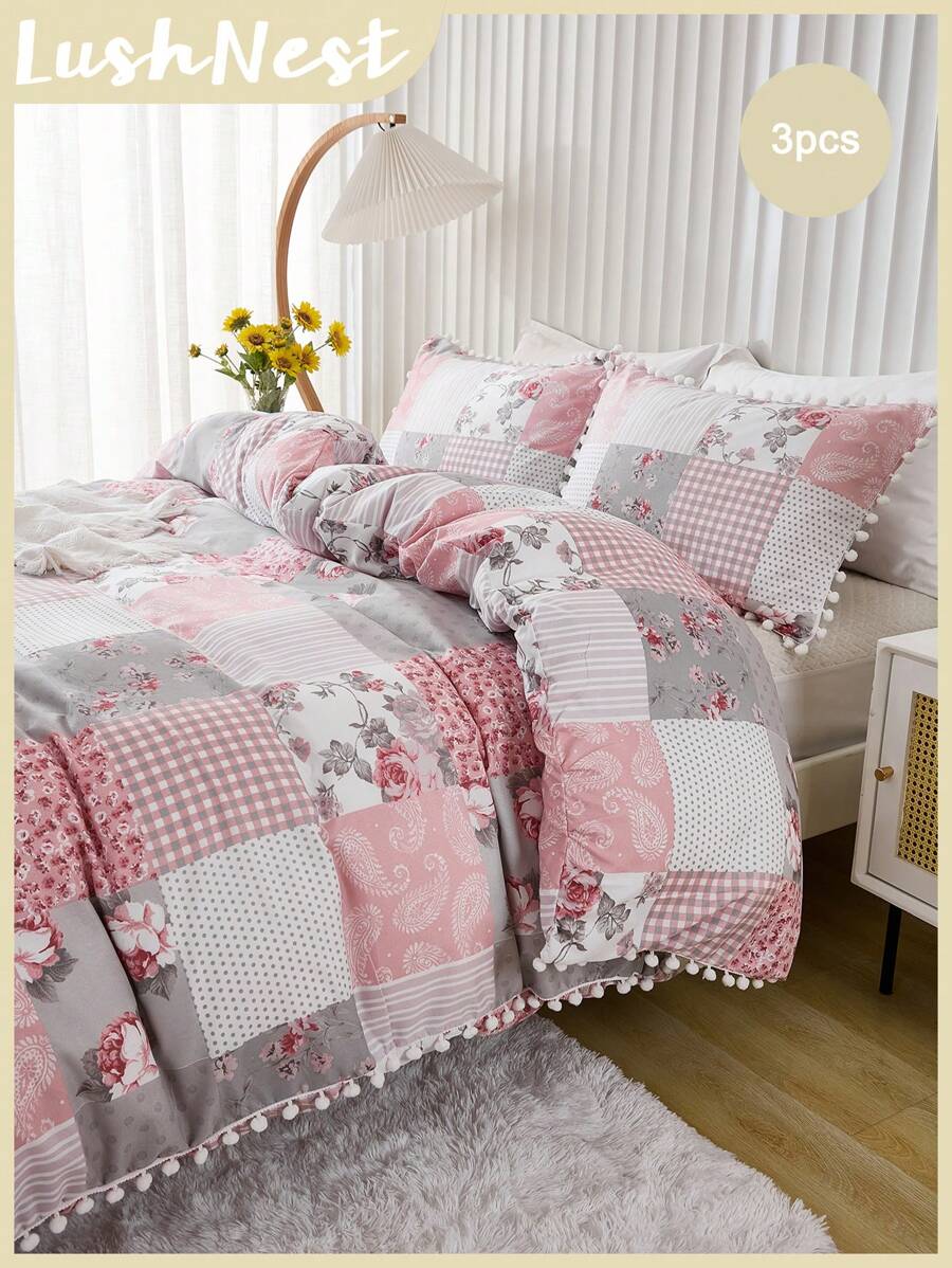 花卉羽绒被套套装 绒球流苏拼布花卉床上用品 双人大号双人床 特大号乡村农舍床上用品套装 3 件超柔软透气超细纤维羽绒被套 1 个带拉链的羽绒被套 2 个枕套 无被子 男女皆宜的礼物