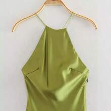 - Satin Strap Dress - Silk-Like Lustrous Flowing Effect - Minimalist Style - xanh quân đội - Xem 2