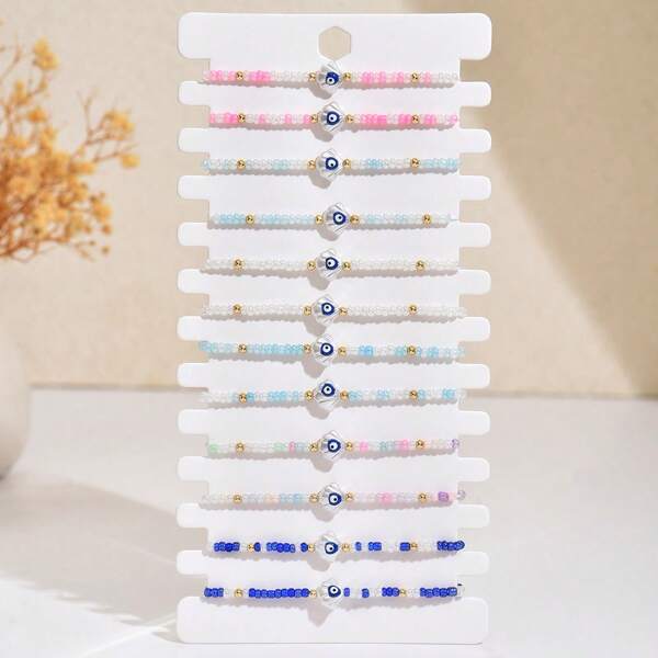1pc Bohemian Glass Seashell & Evil Eye Beaded Bracelet, Beach Resort Casual Jewelry For Women