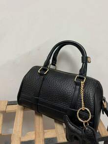 波士顿黑色枕头手提包，配小马吊饰，小众设计斜挎单肩包，软皮休闲通勤包，适合日常外出购物，复古风 - 黑色 - 查看 3