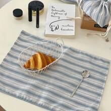 1pc/2pcs/6pcs Korean Style Striped Placemat, Blue Striped Ins Dining Cloth, Dust-Proof Tablecloth - Multicolor - View 5