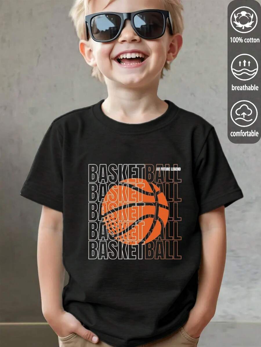 Basketball Alphabet,Ribbed cotton boys' T-shirt, college style spring and summer new Sports tops Draped soft breathable children's short-sleeved tops