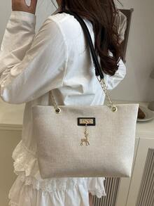 Large Capacity Handbag For Women, Chic Chain Shoulder Bag, New Fashion Underarm Bag, Retro Linen Tote Bag - Black - View 2