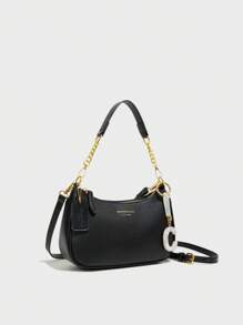 新款时尚经典黑色多功能PU防水面料，华丽水钻镶嵌字母，姓氏识别字母C装饰，字母图案装饰设计，纯色单肩新月包，链条单肩腋下包，女士商务通勤单肩包，轻便，适合逛街聚会，可随身携带。