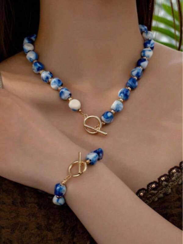 1set Ceramic Blue Asymmetrical Stone Beaded Necklace, Choker & Bracelet Set