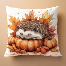 1pc Autumn Hedgehog Sleeping On Pumpkin Decorative Pillow Cover, Single-Sided Printed Peach Velvet, 45*45CM/18*18inch, Suitable For Room Decor, Modern Minimalist Sofa Living Room Decor Gift