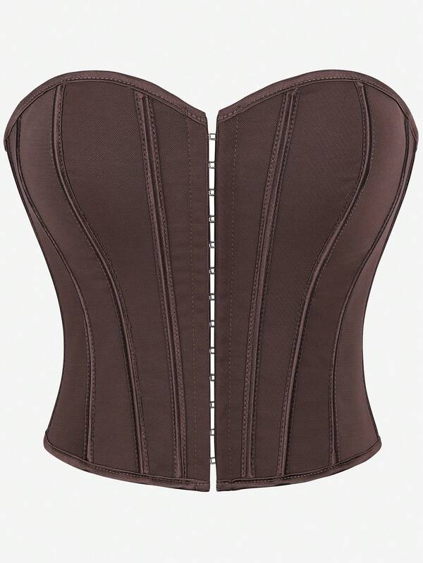 Top corset, sin tirantes, con botón oculto en la parte delantera, body de mujer, top bustier moldeador, unicolor, ajuste ceñido, delgado, usado como ropa exterior