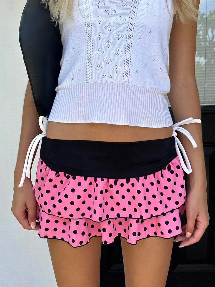 Layered Ruffle Mini Skirt For Women Summer Y2K Dots/Stripe/Heart Print/Solid Color Low Rise A-Line Tiered Short Skirts Party Club Beach Boho Skater Skirts - Hồng và đen - Xem 1