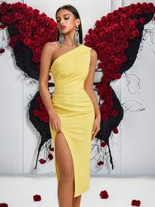 ADYCE 1pc Women Solid Color Pleated One Shoulder Front Slit Ball Gown, Party Dress Elegant Cocktail Semi Formal Prom Wedding Guest Dress, For Birthday,Dinner Formal Dresses, Homecoming Summer,Graduation Dress