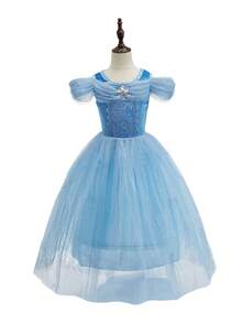 6pcs Set Light Blue Girl's Puff Sleeve Rhinestone Mesh Dress With Accessories, Children's Christmas & Halloween Party Costume Outfit - Light Blue - View 5