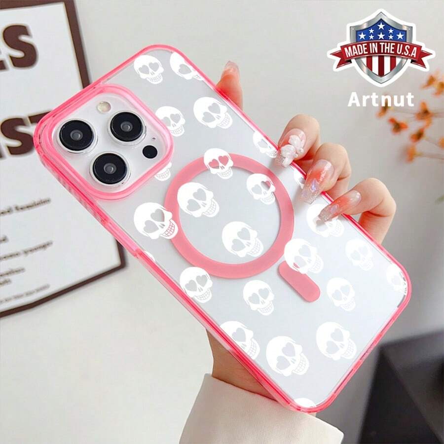 Phone Case For IPhone 16 Pro Max 16e 15 Plus 14 13 12 11 Heart Skull Pattern Non-Yellowing Matte Transparent Colorful Anti-Scratch Shockproof Pocket-Friendly Durable Magnetic Case With Charging Cellphone Cover Gift - Pink - View 1