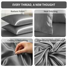 Lux Decor 4-Piece Satin Sheet Set, Silky Soft Polyester Bed Sheets With Deep Pocket Fitted Sheet, Breathable Cooling And Refreshing Bedding, Soft Touch, Washable Bed Linen For Home, Bedroom And Guest Room - 深灰色 - 查看 6