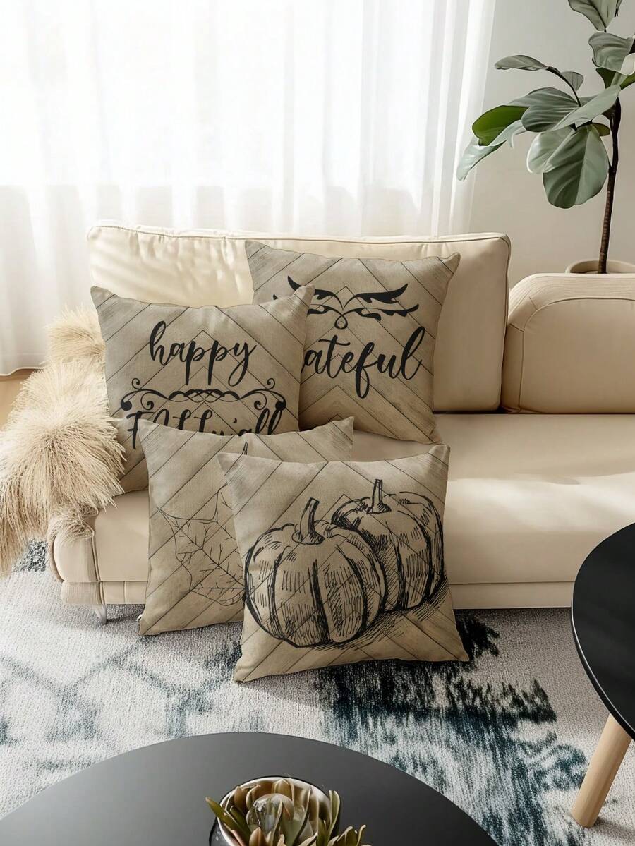 4pcs Linen Blended Thanksgiving Decorations - Turkey, Pumpkin, Leaves, Hypoallergenic Polyester Material, Hidden Zipper, No Filling, Suitable For Home Decor, Room Decor, Living Room, Throw Pillow Covers, Cushion Covers, Sofa Decorative Pillows, Decorative Sofa Cushions, Home Decor, Pillow Covers, Soft Pads.