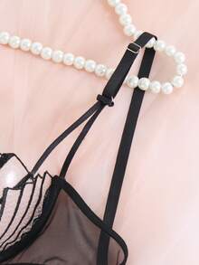 EverydayBra 女士黑色刺绣贝壳形网纱性感内衣套装，半透明镂空网纱性感迷人日常内衣两件套，女士文胸，适合所有季节 - 黑色 - 查看 3