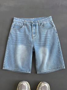 男士宽松休闲百慕大牛仔短裤，带口袋，百搭夏季牛仔短裤