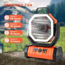 9-Inch Portable Rechargeable Camping Fan, 20000mAh, Battery Operated, 4 Speeds, Auto Oscillation, Cordless, Outdoor, With Remote/Light- Orange