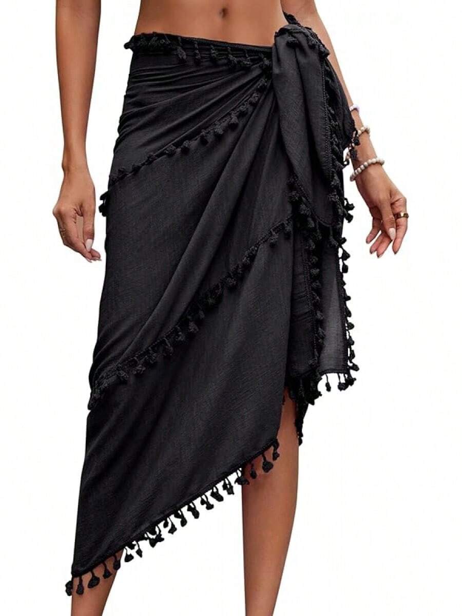 Eicolorte Sarong Cover Up Womens Beach Cover Up Bikini Bathing Suit Swimsuit Swimwear Coverup Sarong Pareo Wraps Women - A-黑色 - 查看 1