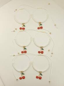 Bộ 12 chiếc nhẫn hình trái cây anh đào dễ thương, vòng tay charm ngọc trai giả ABS, vòng tay may mắn, quà tặng gia đình dành cho bé gái. - Cherry (có thẻ) - Xem 5