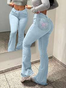 Y2K Women's Long Flare Leg Denim Jeans With Cute Bow Accent Casual Plain High Stretch Fit With Button Zipper Pockets - 淺色水洗藍 - 查看 3