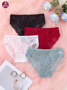 4pcs Women's Lace Low Waist Sexy Panties, High Elastic Breathable Skin-Friendly, Full Coverage Triangle Brief, Suitable For All Seasons - Multicolor - View 1
