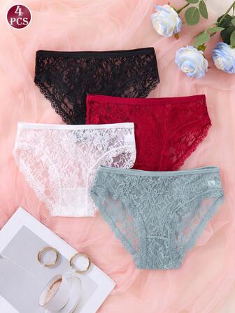4pcs Women's Lace Low Waist Sexy Panties, High Elastic Breathable Skin-Friendly, Full Coverage Triangle Brief, Suitable For All Seasons