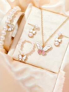 5 件套首饰套装，可爱蝴蝶吊坠项链、耳环、手链，适合少女，返校礼物，送给最好的朋友，金项链 - 彩色 - 查看 3
